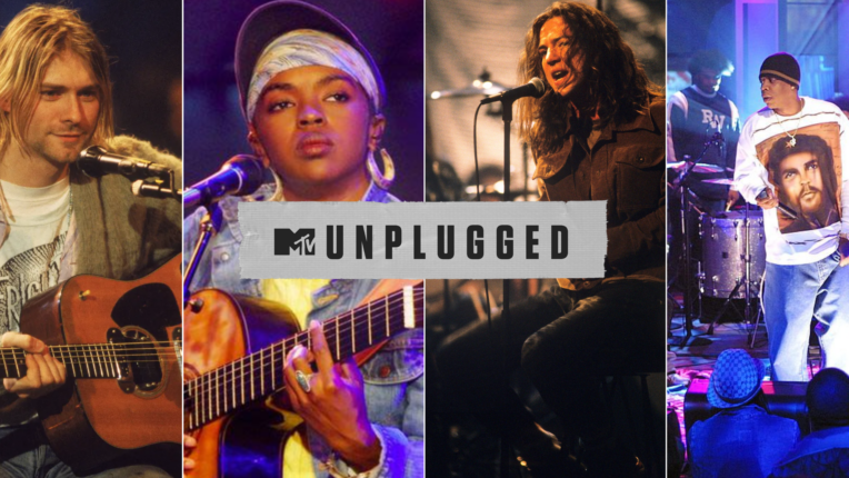 A banner showing (from left to right) Kurt Cobain, Lauryn Hill, Pearl Jam, and Jay-Z at their respective MTV performances.
