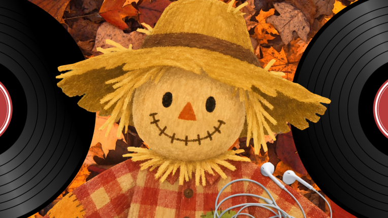 Header image of scarecrow between two vinyls with earbuds. The background is autumn leaves.